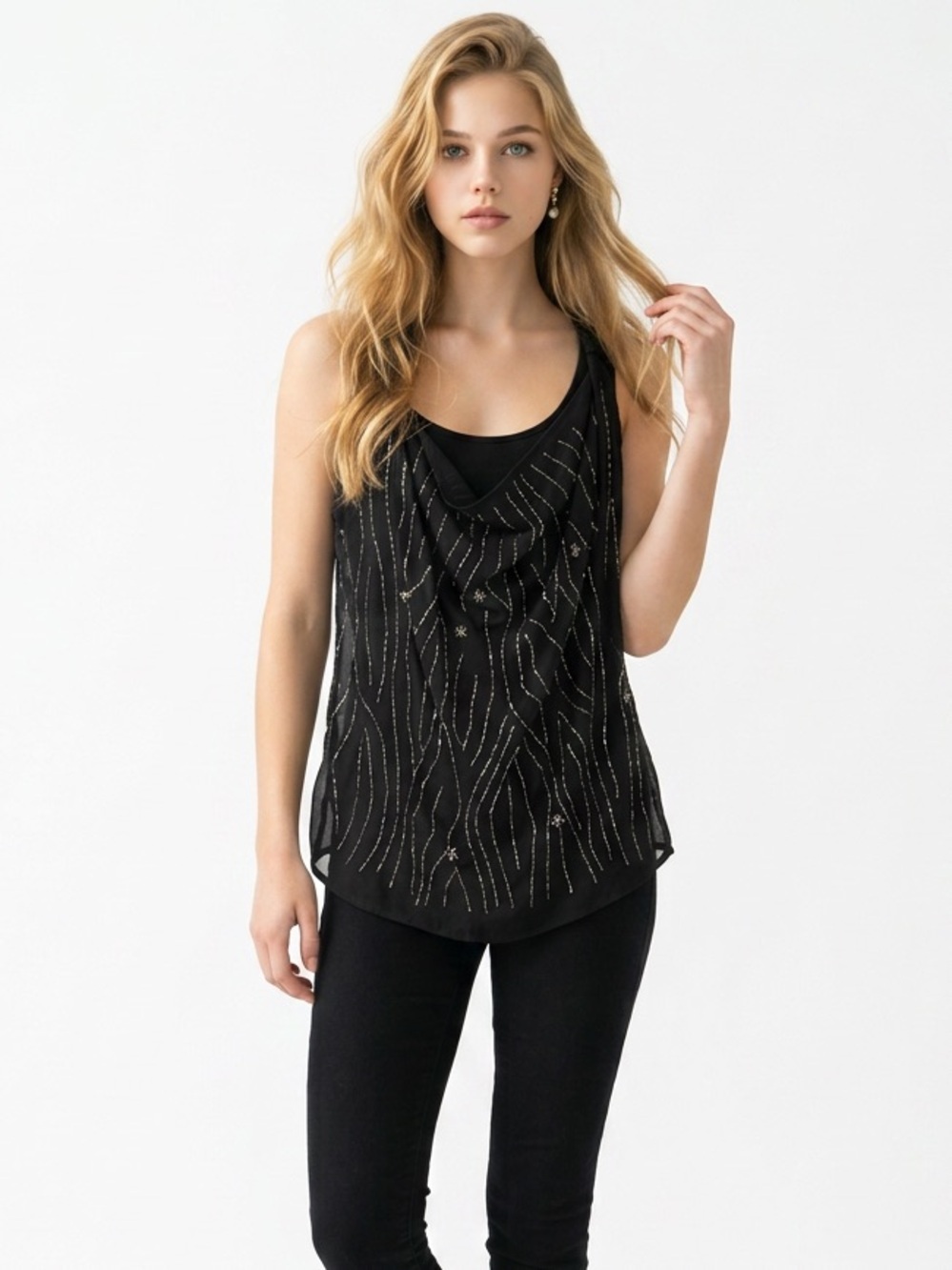 Rock & Republic Y2K Black Beaded Cowl Neck Tank Small